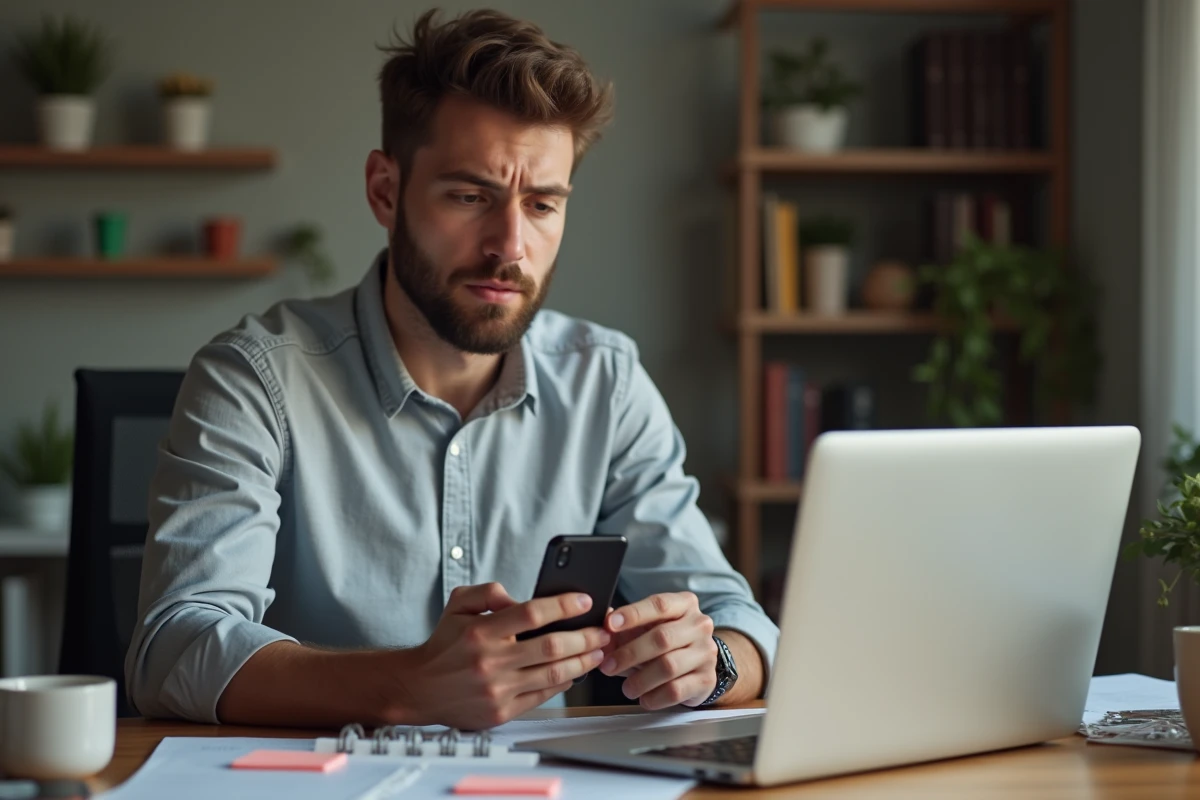Homme en télétravail consultant son smartphone face à un problème de connexion sur l'espace salarié