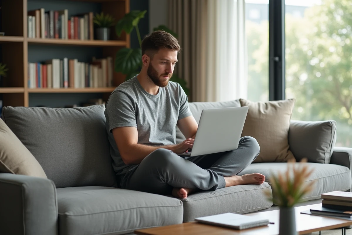 Homme en télétravail assis sur un canapé moderne avec un ordinateur portable, travaillant à distance depuis son salon et illustrant l'indépendance financière sans diplôme