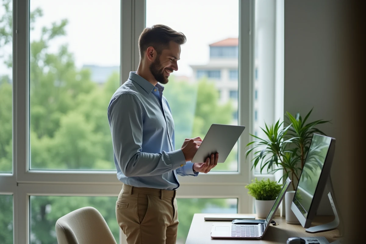 Homme dans son bureau organis&eacute; regardant son agenda