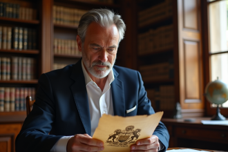 Homme d age examine un emblème ancien sur parchemin