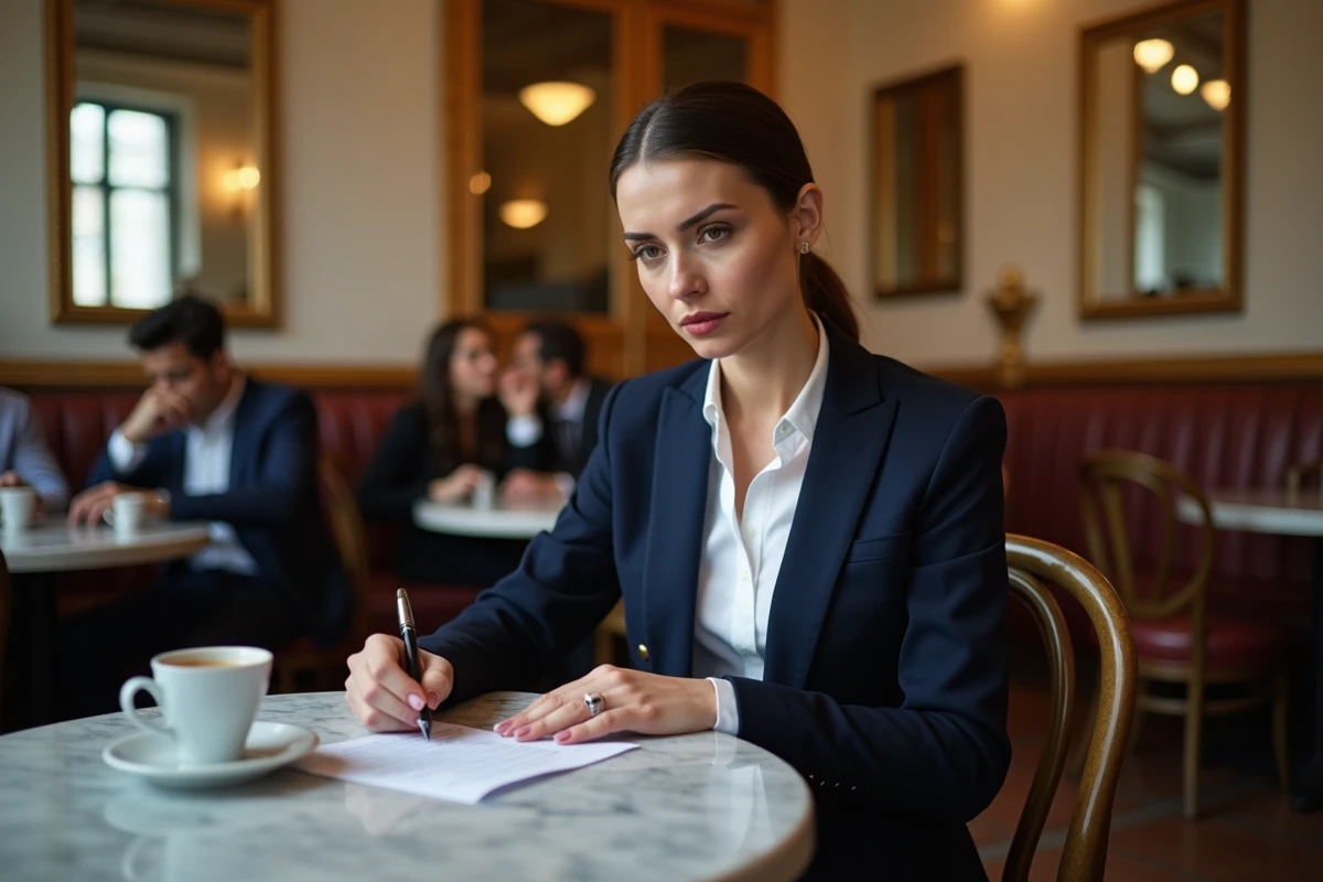 Hôtesse de l'air assise dans un café parisien consultant ses fiches de salaire, coût de la vie à Paris en 2026