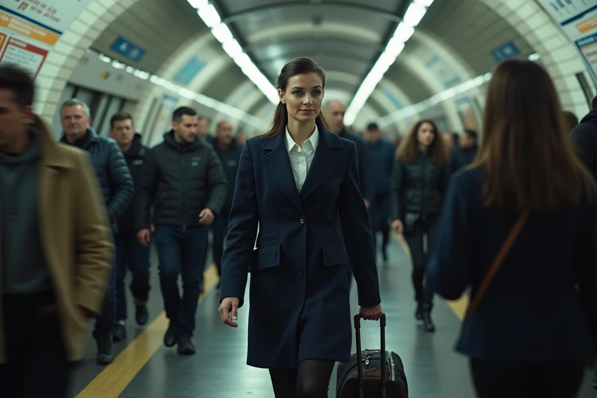 Hôtesse de l'air traversant le métro parisien avec ses bagages après son service, vie quotidienne et transport à Paris