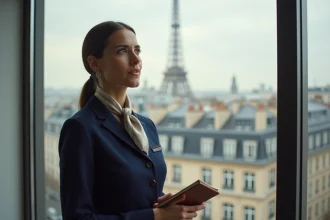 Hôtesse de l'air en uniforme Air France regardant Paris par une fenêtre, illustrant le salaire et le coût de la vie à Paris