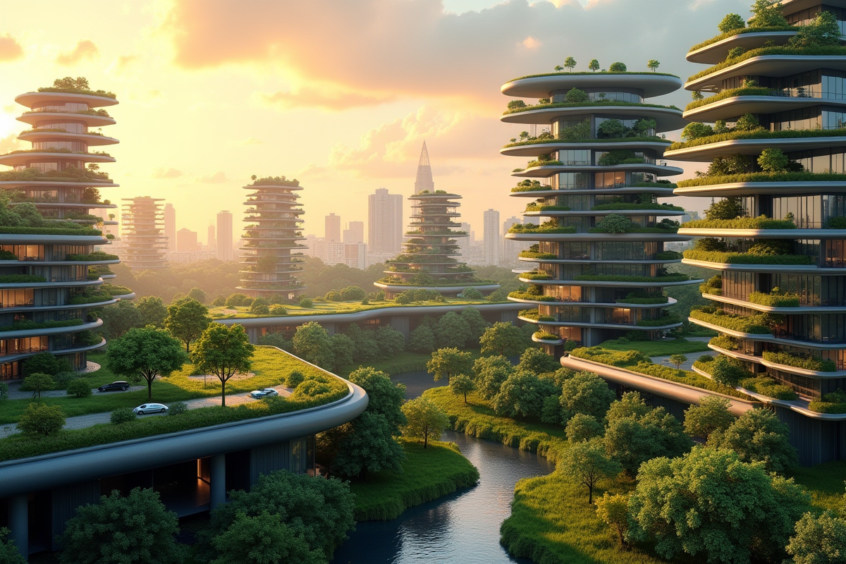 Bâtiments écologiques avec jardins sur le toit et panneaux solaires