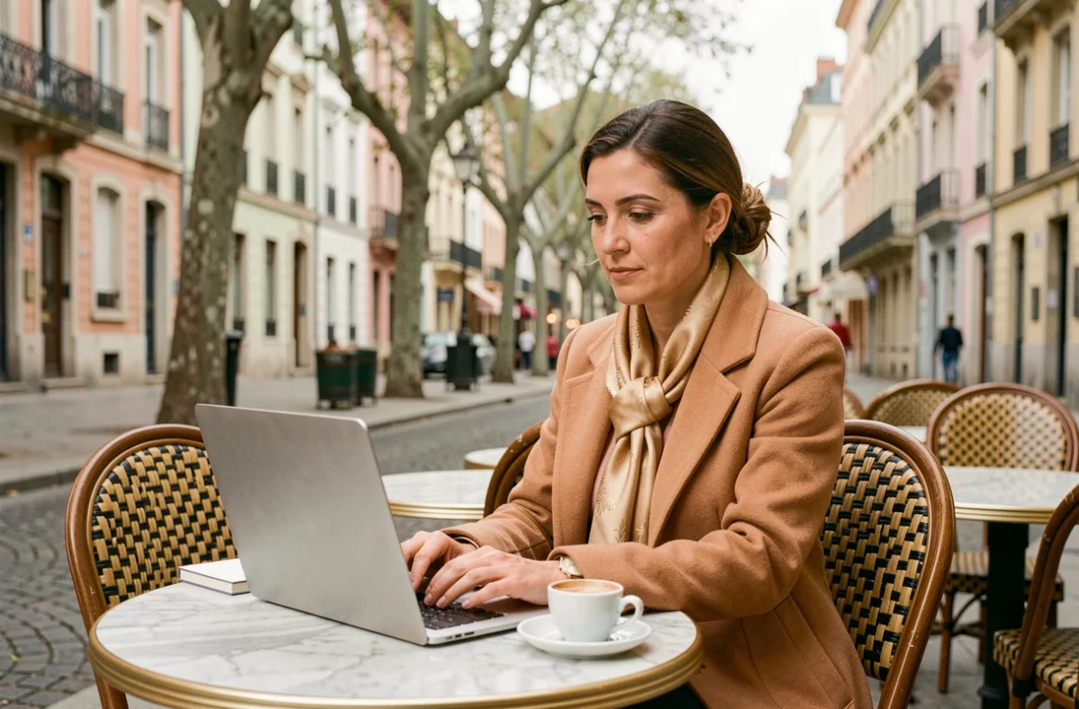 Indépendante en portage salarial travaillant depuis une terrasse de café à Toulouse, alliant mobilité et cadre de vie agréable