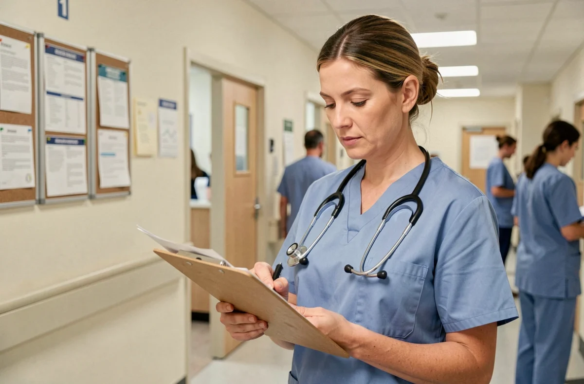 Infirmière en blouse médicale consultant un document sur salaire et convention collective CCN 51 dans un couloir d'hôpital