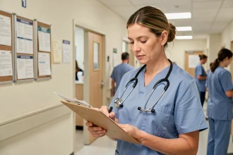 Infirmière en blouse médicale consultant un document sur salaire et convention collective CCN 51 dans un couloir d'hôpital