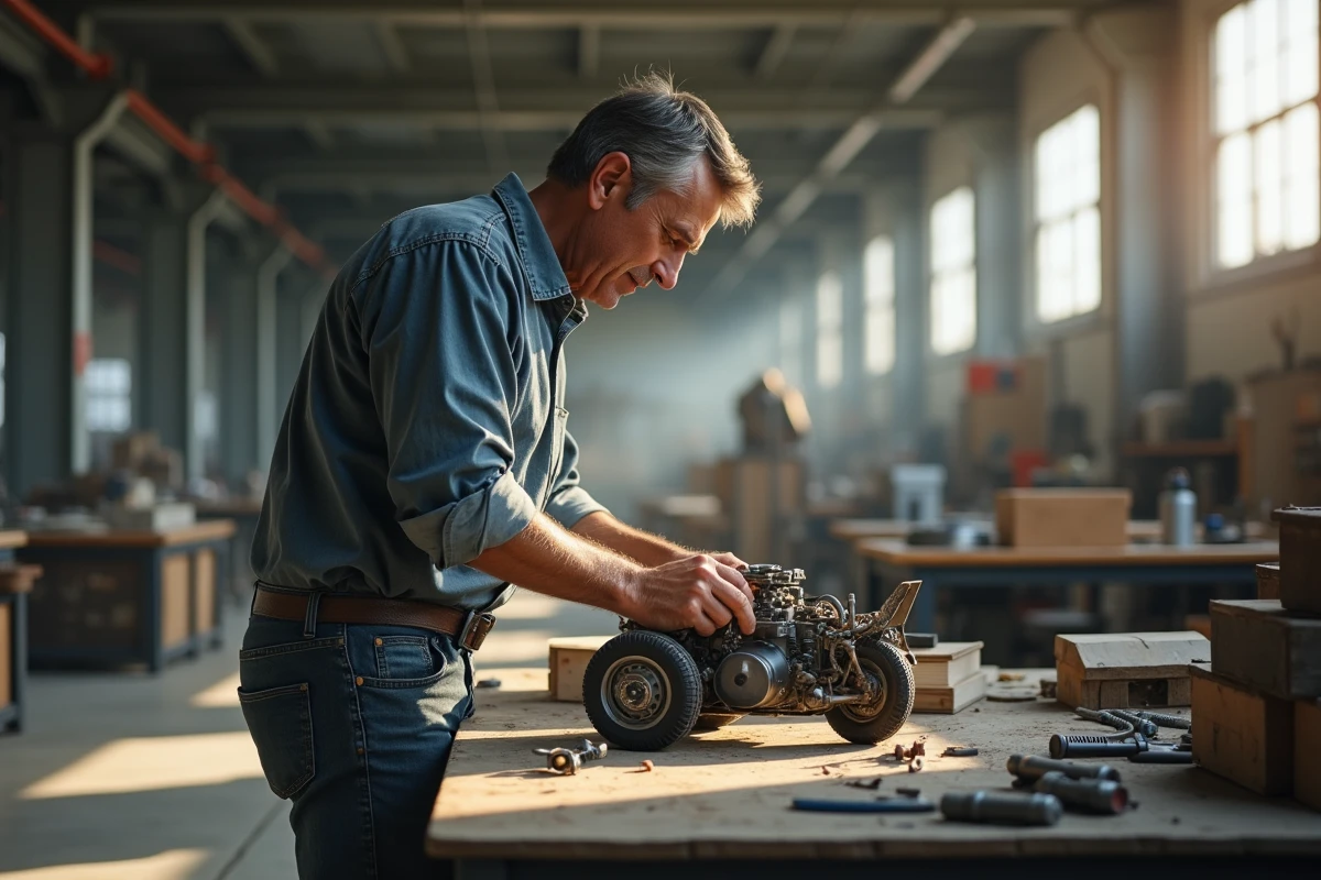 Ing&eacute;nieur fran&ccedil;ais assemblant un dispositif dans un atelier