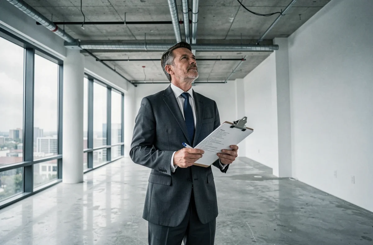 Entrepreneur inspectant un espace de bureau vide avec checklist avant de signer un bail
