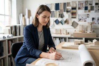 Jeune architecte esquissant un design intérieur dans un studio moderne