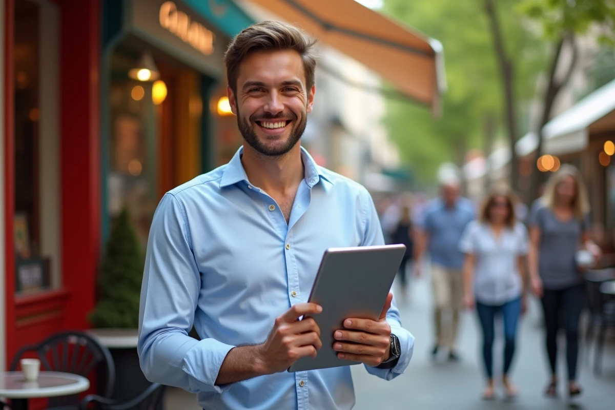 Jeune entrepreneur devant un café urbain avec sa tablette