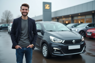 Jeune entrepreneur devant une voiture en concession