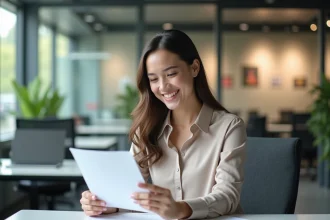 Jeune femme au bureau avec un sourire confiant et professionnel