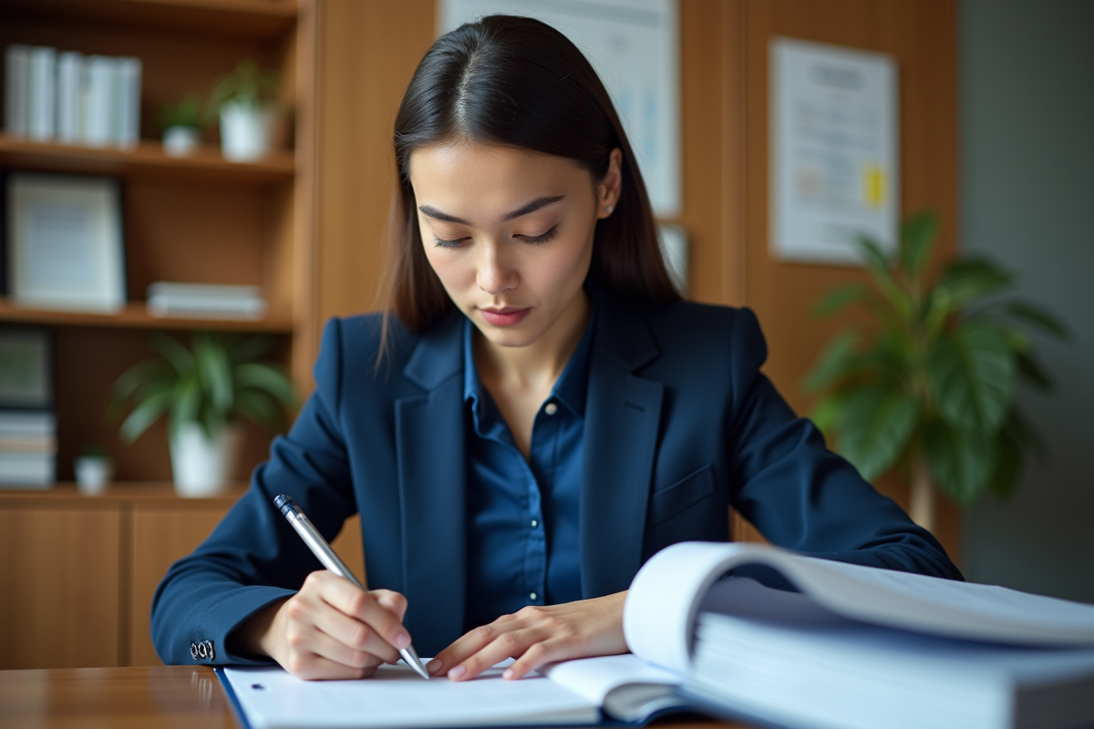 Jeune femme compliance vérifiant dossiers au bureau