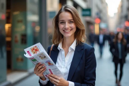 Jeune femme en blazer distribuant flyers en ville