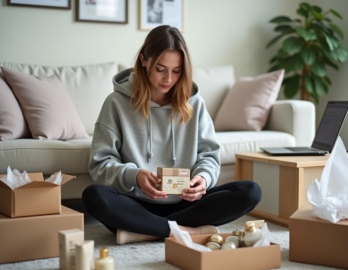 Jeune femme assemblant des colis cadeaux dans son salon, travail emballage à domicile freelance