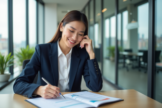 Jeune femme entrepreneure en réunion financière dans un bureau moderne