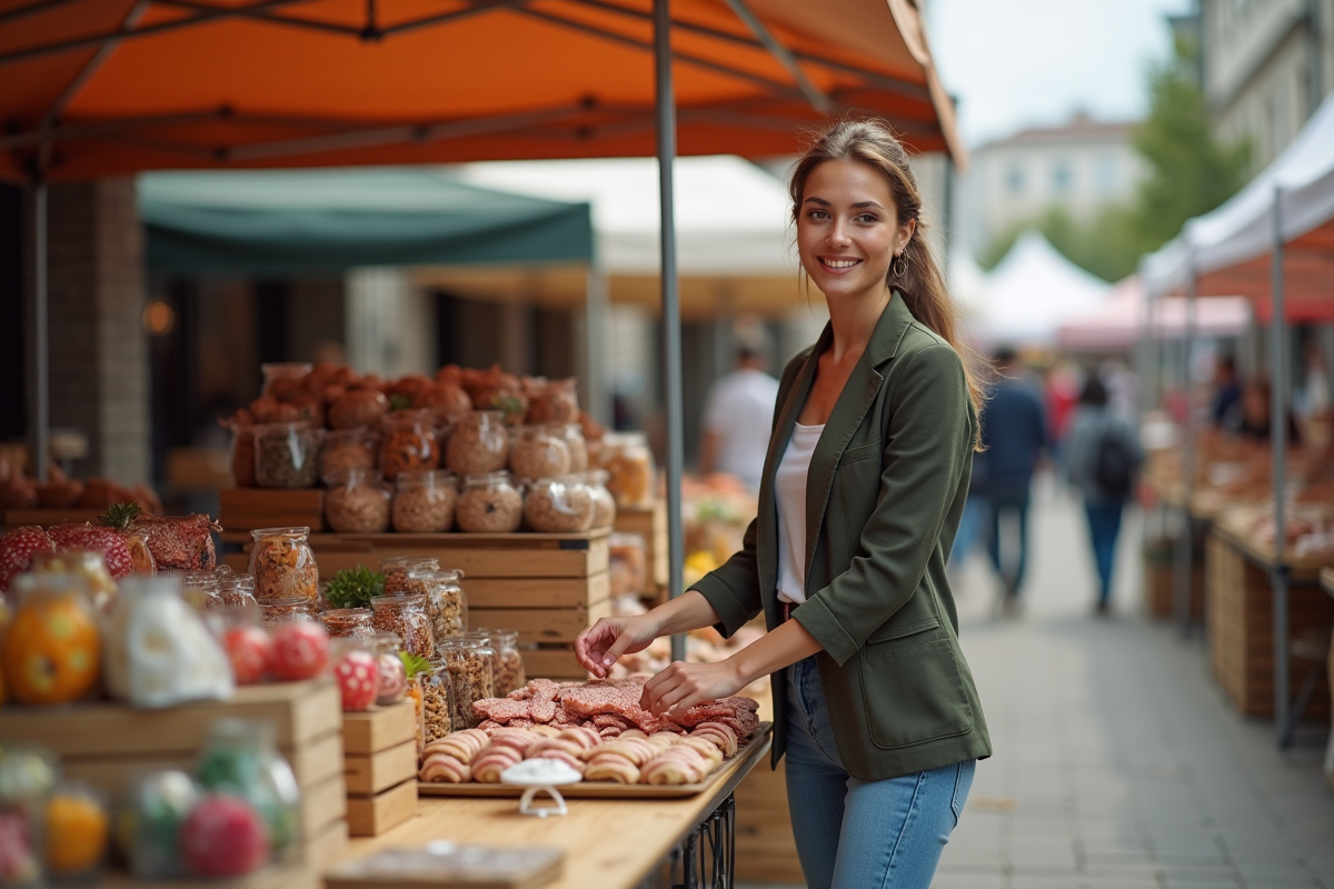 Jeune femme entrepreneure organisant ses produits sur un marché en plein air