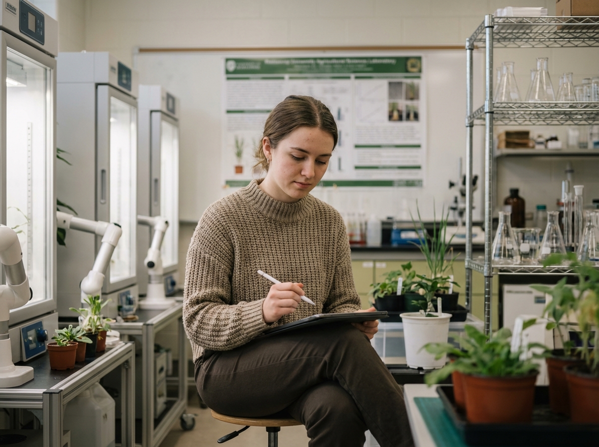 Jeune femme en laboratoire avec tablette et plantes
