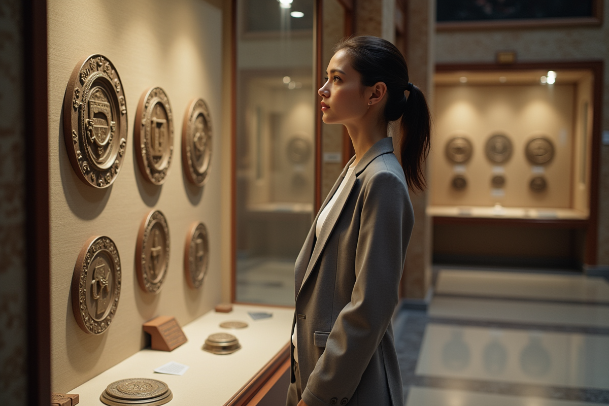 Jeune femme admire un symbole dans une vitrine de musee