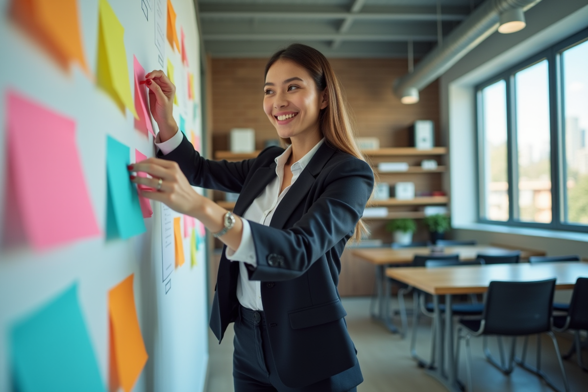 Jeune femme arrangeant des notes colorées sur un mur de bureau
