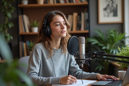 Jeune femme en podcast dans un bureau cosy