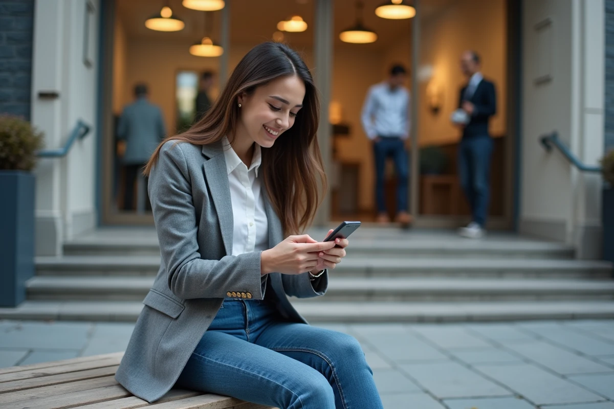 Jeune femme souriante utilisant son smartphone dehors