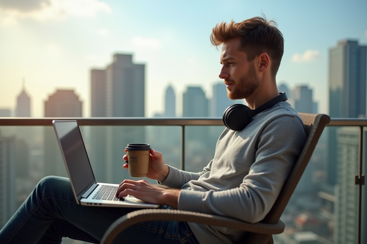 Jeune homme travaillant sur un balcon avec vue urbaine