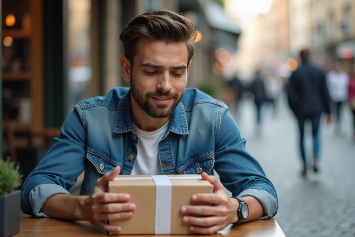 Jeune homme examinant un colis dans un café en ville