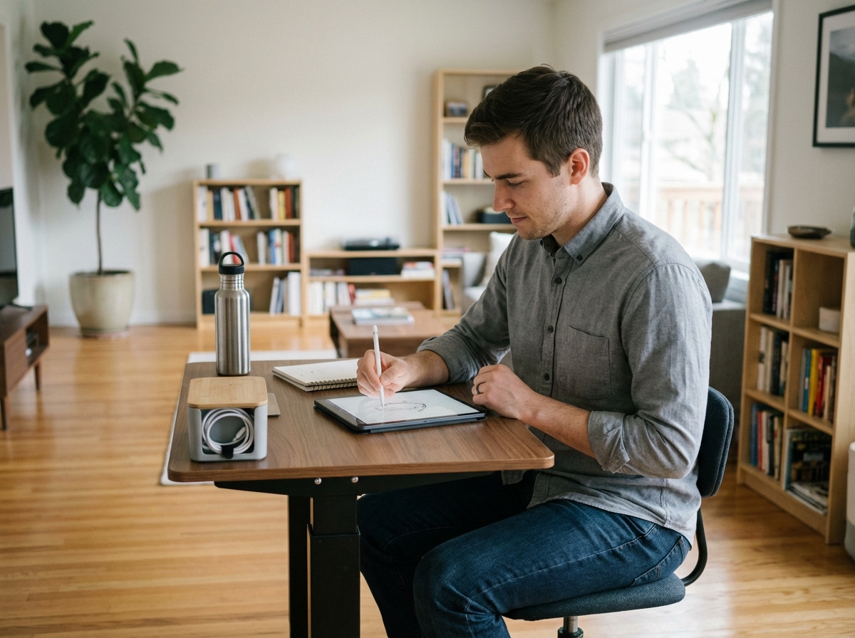 Jeune homme en tenue casual travaillant chez lui