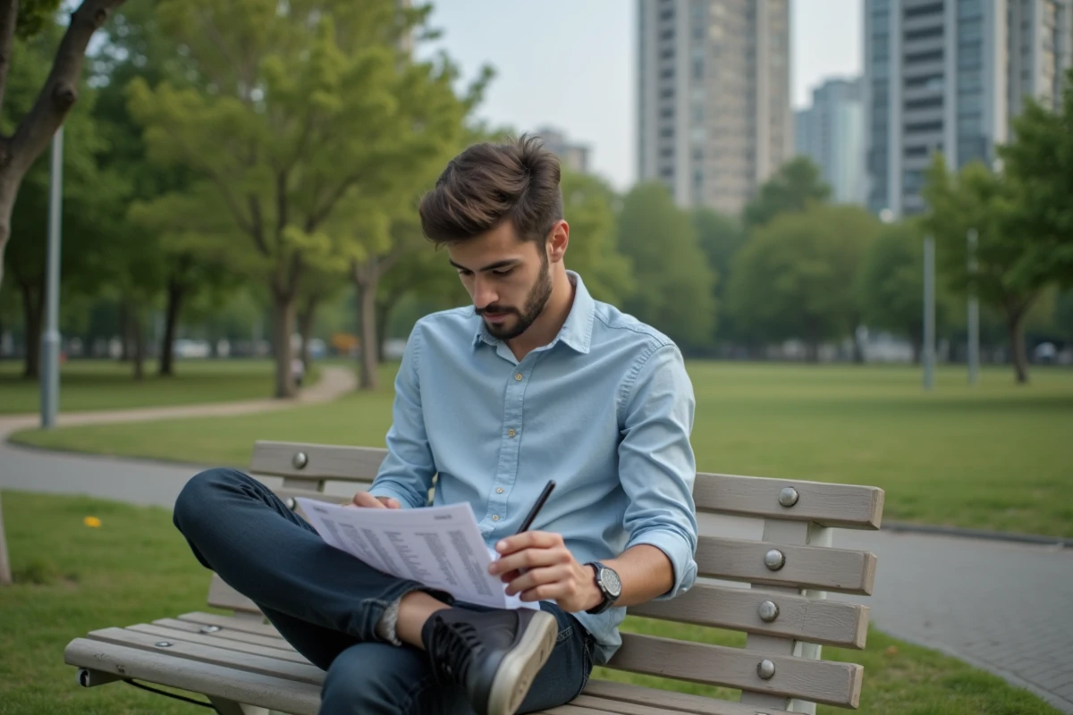 Jeune homme dans un parc vérifiant une liste de jeux de lettres
