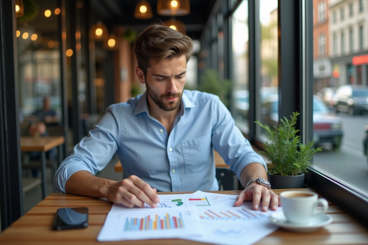 Jeune homme étudiant des rapports marketing dans un café