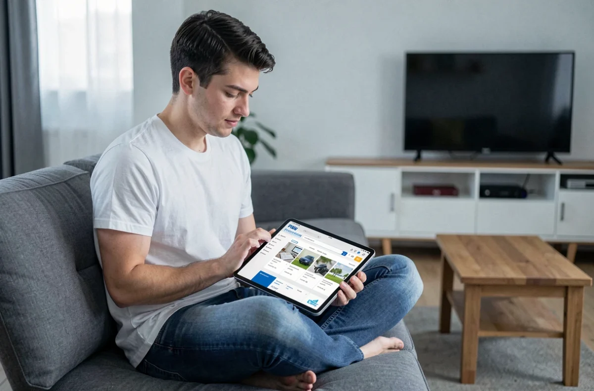 Jeune homme cherchant des solutions à un problème technique du site GTA La Poste sur une tablette