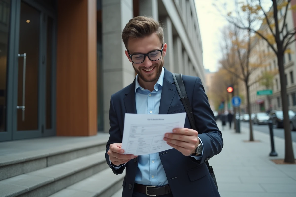 Jeune homme sortant du b&acirc;timent avec un bulletin de salaire