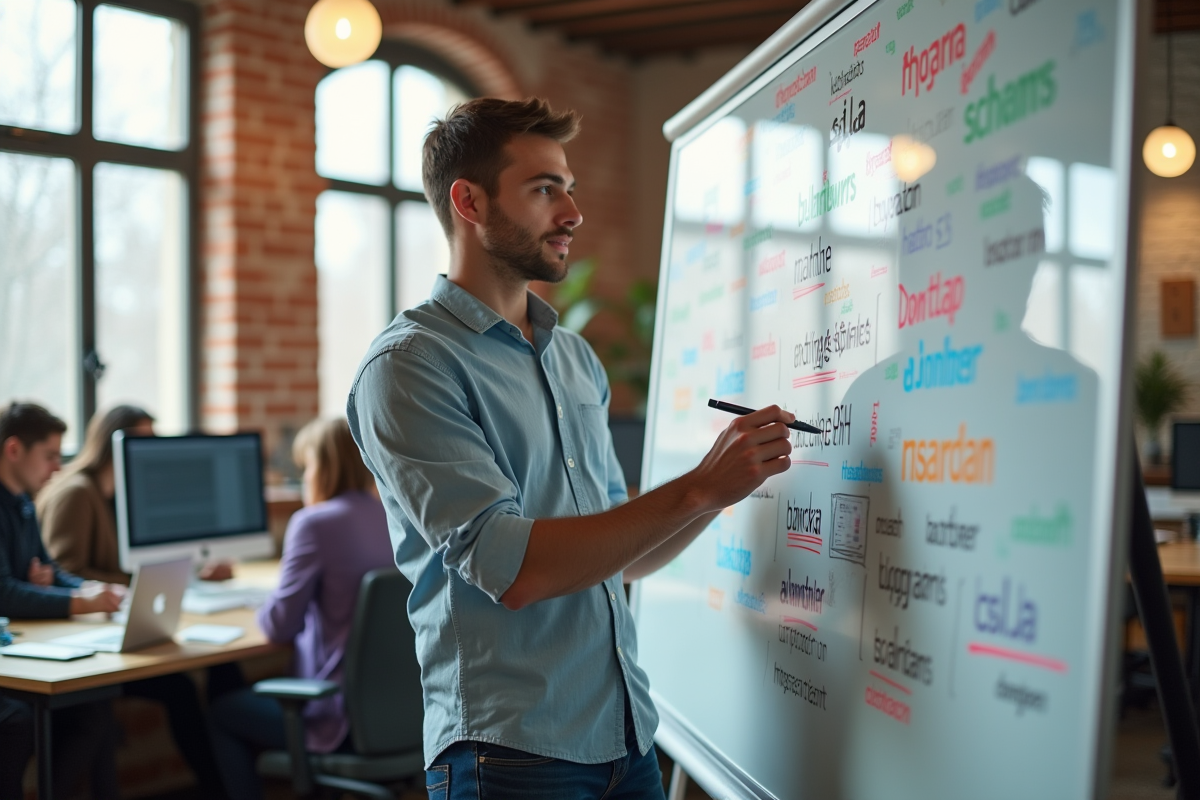 Jeune homme expliquant des diagrammes sur un tableau blanc