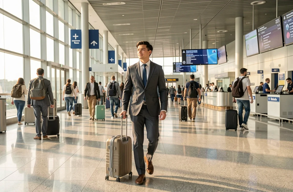 Jeune professionnel marchant dans un aéroport avec une valise