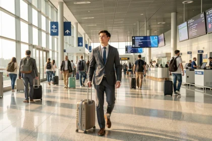 Jeune professionnel marchant dans un aéroport avec une valise