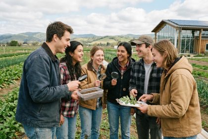 Groupe de jeunes adultes en recherche agricole dans un champ