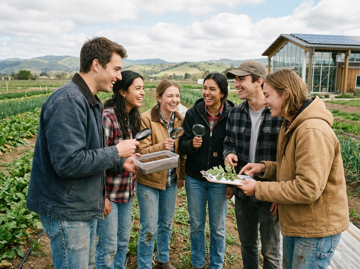 Groupe de jeunes adultes en recherche agricole dans un champ