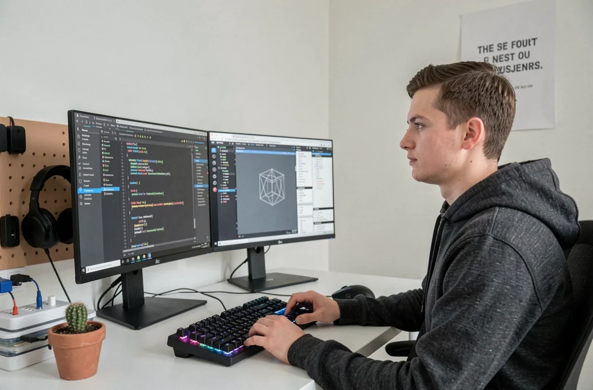 Développeur web indépendant Julien Grelet dans l'Aisne devant trois écrans affichant simultanément du code, des outils de développement et des wireframes