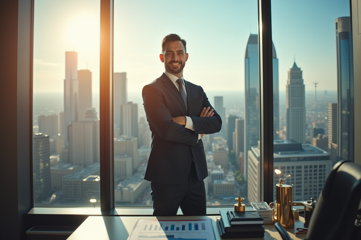 Chef d'entreprise confiant dans un bureau moderne surplombant la ville