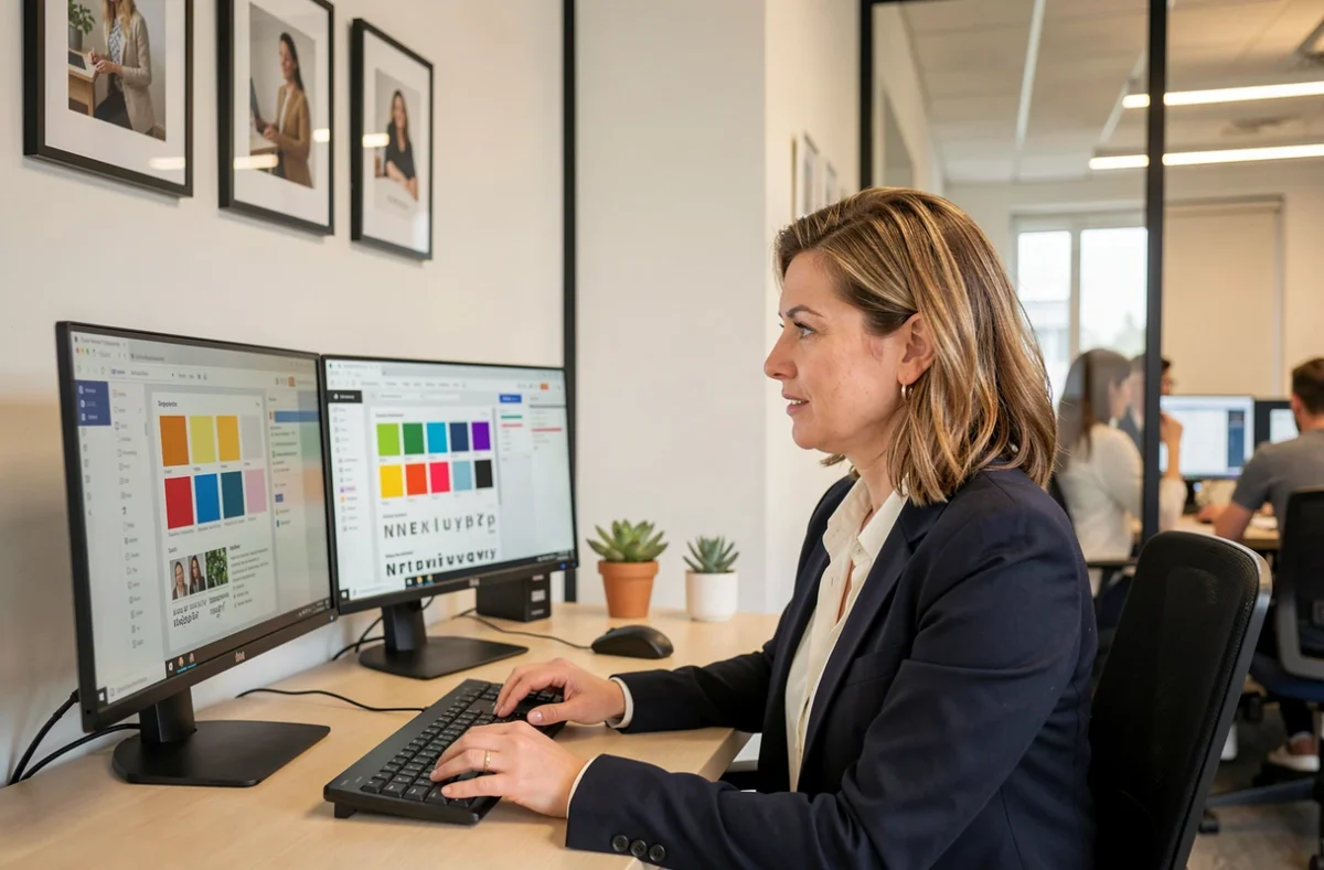 Professionnelle de l'agence web LRCrea à Saint-Quentin travaillant sur une interface de création de site internet avec maquettes et palettes de couleurs