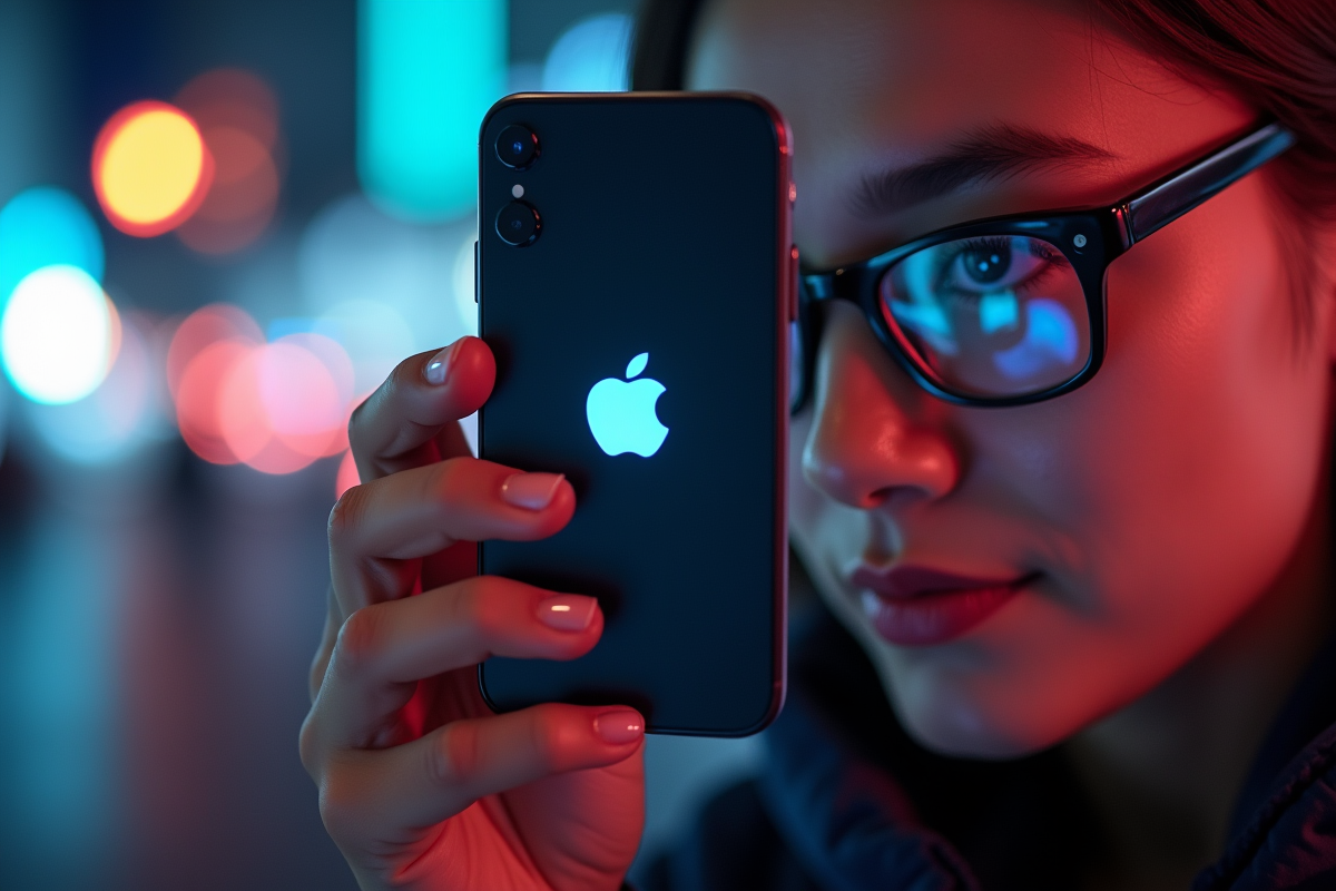 Main tenant un iPhone avec reflet du logo Apple dans les lunettes