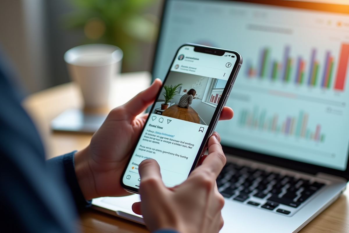 Main tenant un smartphone avec contenu social media et tableau analytique