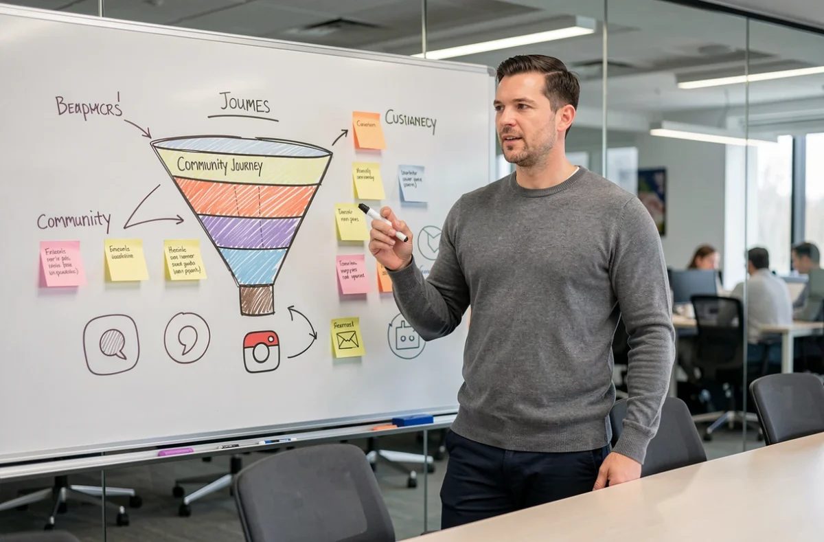 Manager présentant un schéma de stratégie de communauté marketing sur un tableau blanc dans une salle de réunion moderne