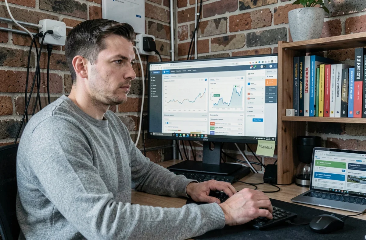 Consultant SEO de Maxelik concentré devant deux écrans affichant des outils d'analyse de mots-clés dans un studio home office