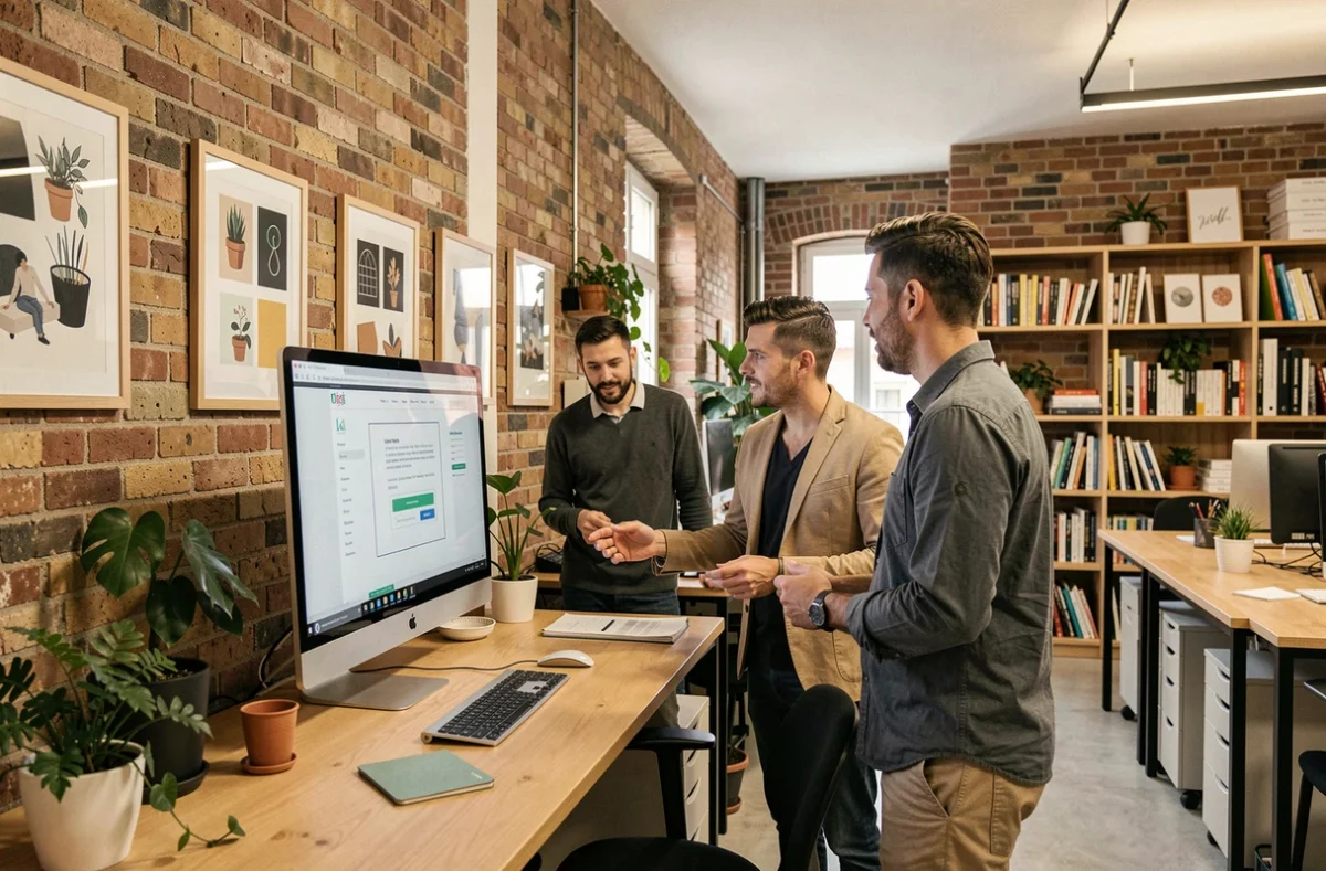 Espace de travail d'une agence web dans l'Aisne avec des professionnels collaborant autour d'un écran affichant une maquette de site internet