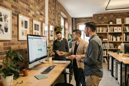 Espace de travail d'une agence web dans l'Aisne avec des professionnels collaborant autour d'un écran affichant une maquette de site internet