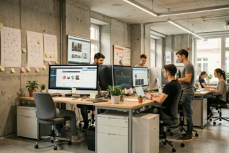 Vue d'ensemble d'une agence web moderne dans le Bas-Rhin avec des professionnels travaillant sur des projets digitaux