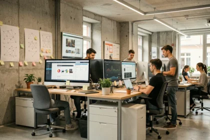 Vue d'ensemble d'une agence web moderne dans le Bas-Rhin avec des professionnels travaillant sur des projets digitaux
